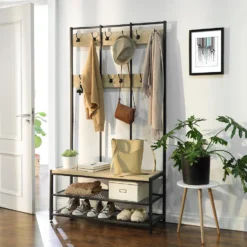 ACAZA Garderoberek Met Bankje, 100cm Breed, Kapstok En Schoenenrek - Lichte Eik -Tafel Trend Goedkope Winkel 1000045921 0102